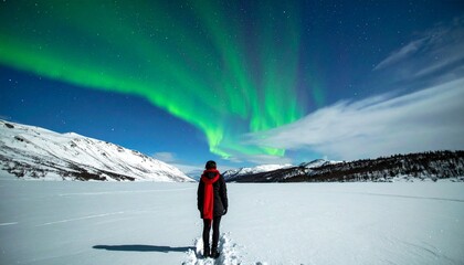 A lone figure stands on a vast, snow-covered plain under a brilliant display of the northern lights.
