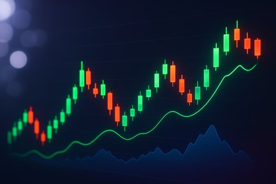 Colorful candlestick stock chart with green and red bars on dark background showing market trends and trading analysis concept. Ai generative. Ai generative