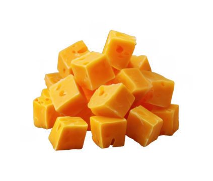 A pile of small, cubed blocks of yellow cheese with holes, arranged in a random heap on a transparent background