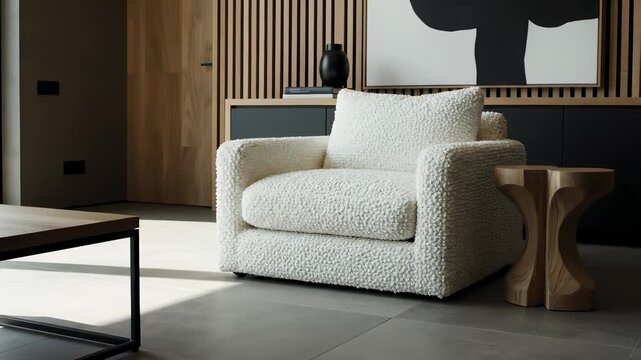 Monochromatic living room setting featuring sleek white chairs, abstract painting, and minimalist table effectively conveying modern elegance, inviting the viewer to step into a world where.