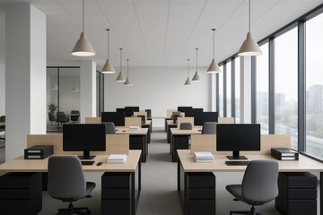 Modern open space office interior with multiple workstations, computers and large windows in minimalist design style, daylight workplace concept. Ai generative