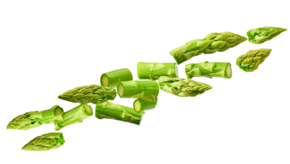 dynamic photograph of diagonally sliced green asparagus segments and tips arranged in a loose, floating composition, isolated against a transparent background.