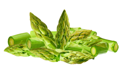 photograph featuring a dense pile of fresh green asparagus spears and various cut segments, highlighting texture and freshness, isolated on black.