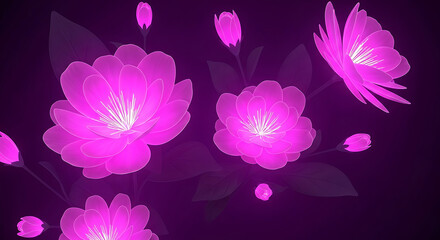 Glowing pink flowers and buds with dark leaves on a dark purple to black gradient background