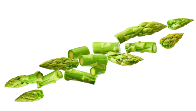 dynamic photograph of diagonally sliced green asparagus segments and tips arranged in a loose, floating composition, isolated against a transparent background.