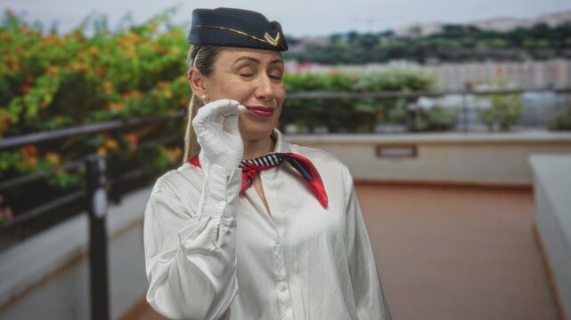 Blonde middle aged woman hostess covers mouth gesture on sunlit building terrace; discretion professionalism.