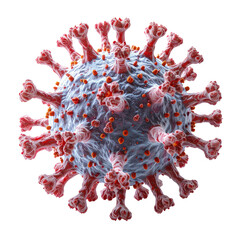 Microscopic coronavirus cell with red spikes on blue background