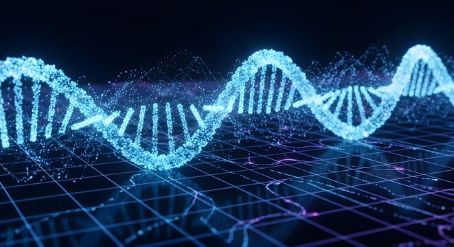 8-second animated macro shot of flowing DNA helix made of glowing data lines and particles. Motion across digital grid, futuristic tone, 4K HDR precision.