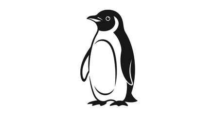 A simple black and white graphic illustration of a standing penguin, depicted in a clean, minimalist style.