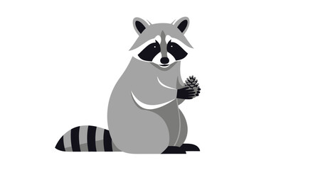 A detailed illustration of a raccoon, depicted in a sitting position, holding a pinecone, with a white background.