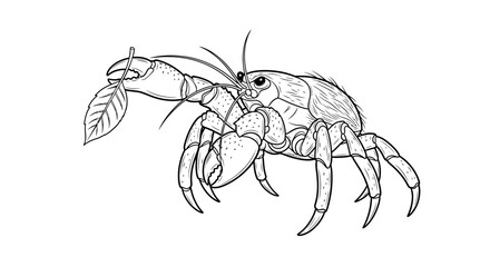 Detailed line art of a hermit crab holding a leaf in its claw.