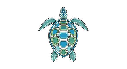 Stylized top-down illustration of a sea turtle with a blue and green geometric patterned shell on a white background.