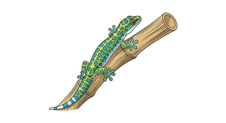 A vibrant green and blue speckled gecko clings to a bamboo stalk, showcasing its intricate patterns and textured skin.