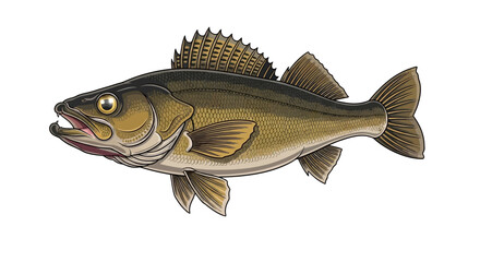 Detailed illustration of a walleye fish with its distinctive dorsal fin and golden-brown scales, depicted against a white background.