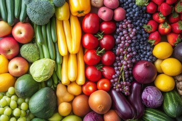 A vibrant display of fruits and vegetables, showcasing a diverse range of colors and textures.