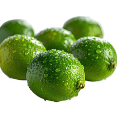 Fresh Group of ripe limes covered in water droplets, against black