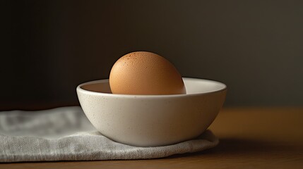 A single fresh egg with a brown shell, resting in a minimalist ceramic bowl, capturing the subtle texture of the shell, simplicity and purity, bright, soft light.