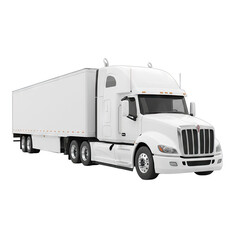 A White Semi Truck with a Long Trailer Isolated on a Black Background Showing a Front Side View of the Vehicle