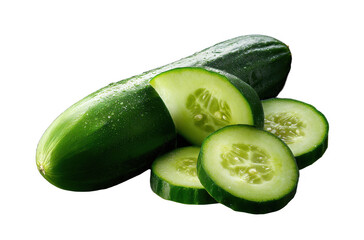 Fresh cucumber with slices showing its juicy interior and textured skin, isolated on a transparent background for healthy food and vegetable themes