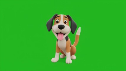 A 3D dog enthusiastically wagging its tail while sitting and facing the camera, conveying excitement and joy.
