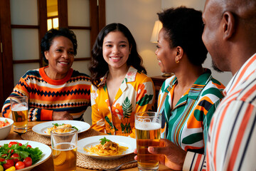 Multiethnic family group including middle aged Black woman, middle aged Black man, Caucasian teenager girl and middle aged Black woman sitting at dining table eating pasta and drinking beer
