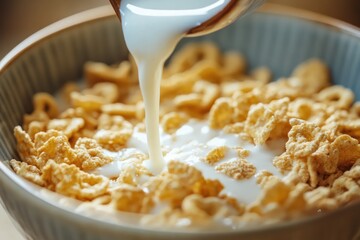 A bowl of cereal with milk poured into it, topped with a spoon.