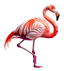 Pink flamingo standing on one leg, beak open against a dark background