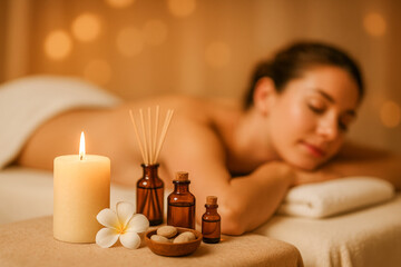 Photo of a woman relaxing during an aromatherapy massage session with warm candlelight, essential oils, and soft golden bokeh creating a soothing spa atmosphere that conveys tranquility, comfort