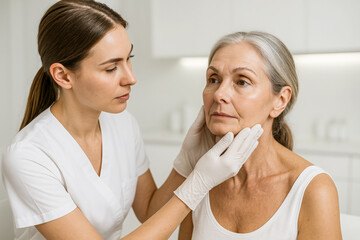 photo of a professional dermatologist examining an older woman’s facial skin using medical gloves, set in a clean clinical environment with bright lighting, emphasizing trust, healthcare expertise