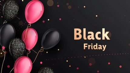 Colorful balloons in black, pink, and gold against a dark background. Text reads 'Black Friday'. Perfect for holiday promotions and sales events.