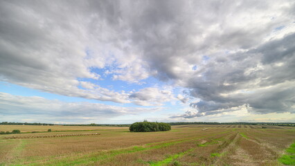 Fototapeta premium An Expansive Agricultural Landscape With Bountiful Fields Under a Dramatic Cloudy Sky