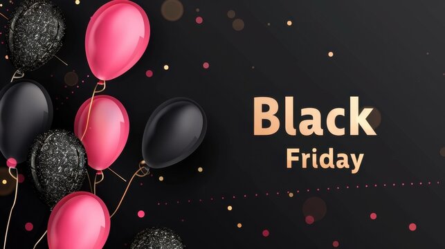 Colorful balloons in black, pink, and gold against a dark background. Text reads 'Black Friday'. Perfect for holiday promotions and sales events.