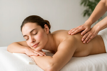 Photo of a woman receiving a relaxing professional back massage in a bright spa room, featuring soft neutral tones, gentle lighting, and a peaceful expression that conveys tranquility, wellness