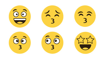 Fototapeta premium Diverse Yellow Emoji Faces Collection: Laughing, Kissing, and Star-Struck Emoticons on White Background