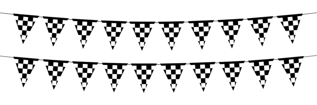 Two Rows of Black and White Checkered Triangle Flags on Black Background checkered flag