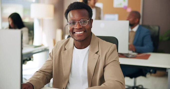 Computer, creative and face of man in office for about us, online article and confidence. Publishing, magazine agency and portrait of person on pc for proofreading, copywriting and editing review