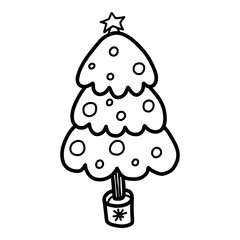 Doodle Christmas tree. Hand drawn tree with balls. Christmas doodle tree vector illustration isolated on white background.