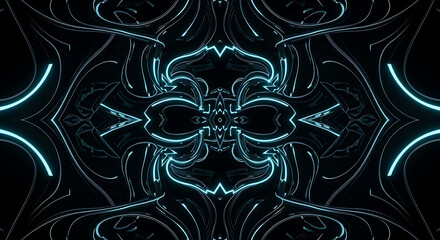 Abstract symmetrical design with neon blue lines and dark background creating a futuristic look