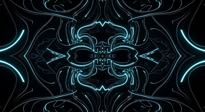 Abstract symmetrical design with neon blue lines and dark background creating a futuristic look - Powered by Adobe