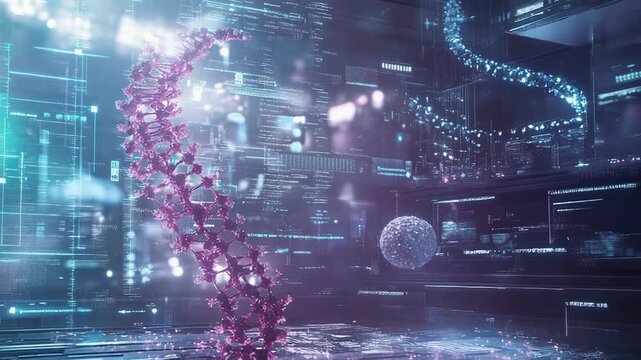 Dna helix analyzing genetic data in a futuristic laboratory