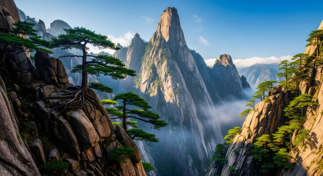 Majestic misty mountains with ancient pine trees reaching towards a clear blue sky.