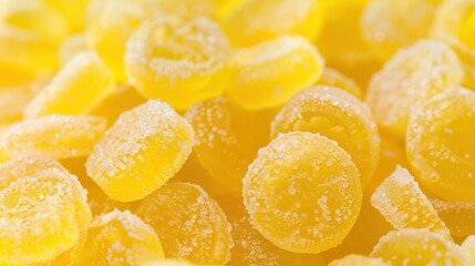 Close-up of yellow gummy candies coated with sugar. The candies are round and have a glossy finish, creating a vibrant and sweet appearance.