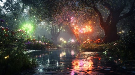 A magical forest scene with colorful lights and a serene river. Nature shines bright with vibrant colors and calm waters.