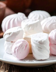 Close-up of a plate piled high with fluffy, pastel-colored marshmallows. The dessert is soft and textured, hinting at sweetness