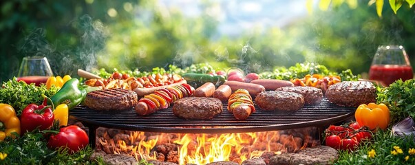 Sizzling Summer BBQ. A backyard barbecue scene with a grill sizzling with burgers, hot dogs, and vegetables.