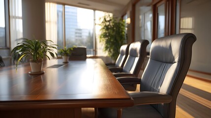 Obraz premium A sunlit boardroom with executive leather chairs and a polished wooden table