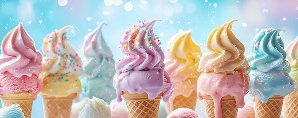 Vibrant Ice Cream Summer. A variety of colorful ice cream cones and popsicles in different flavors, melting slightly under the warm summer sun.