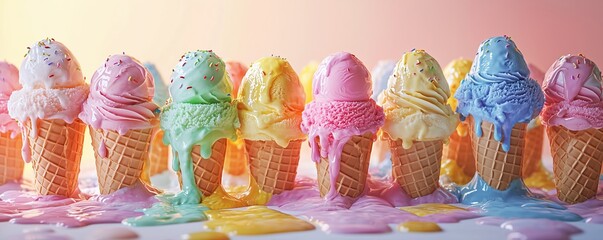 Vibrant Ice Cream Summer. A variety of colorful ice cream cones and popsicles in different flavors, melting slightly under the warm summer sun.