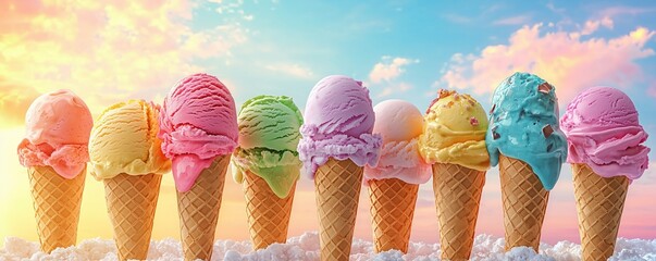 Vibrant Ice Cream Summer. A variety of colorful ice cream cones and popsicles in different flavors, melting slightly under the warm summer sun.