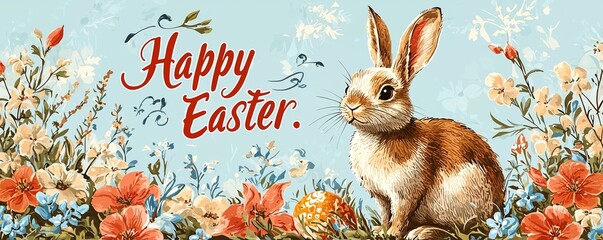 Vintage Easter Greeting Card. illustration with classic floral patterns, an old-fashioned bunny, and elegantly scripted text saying Happy Easter.